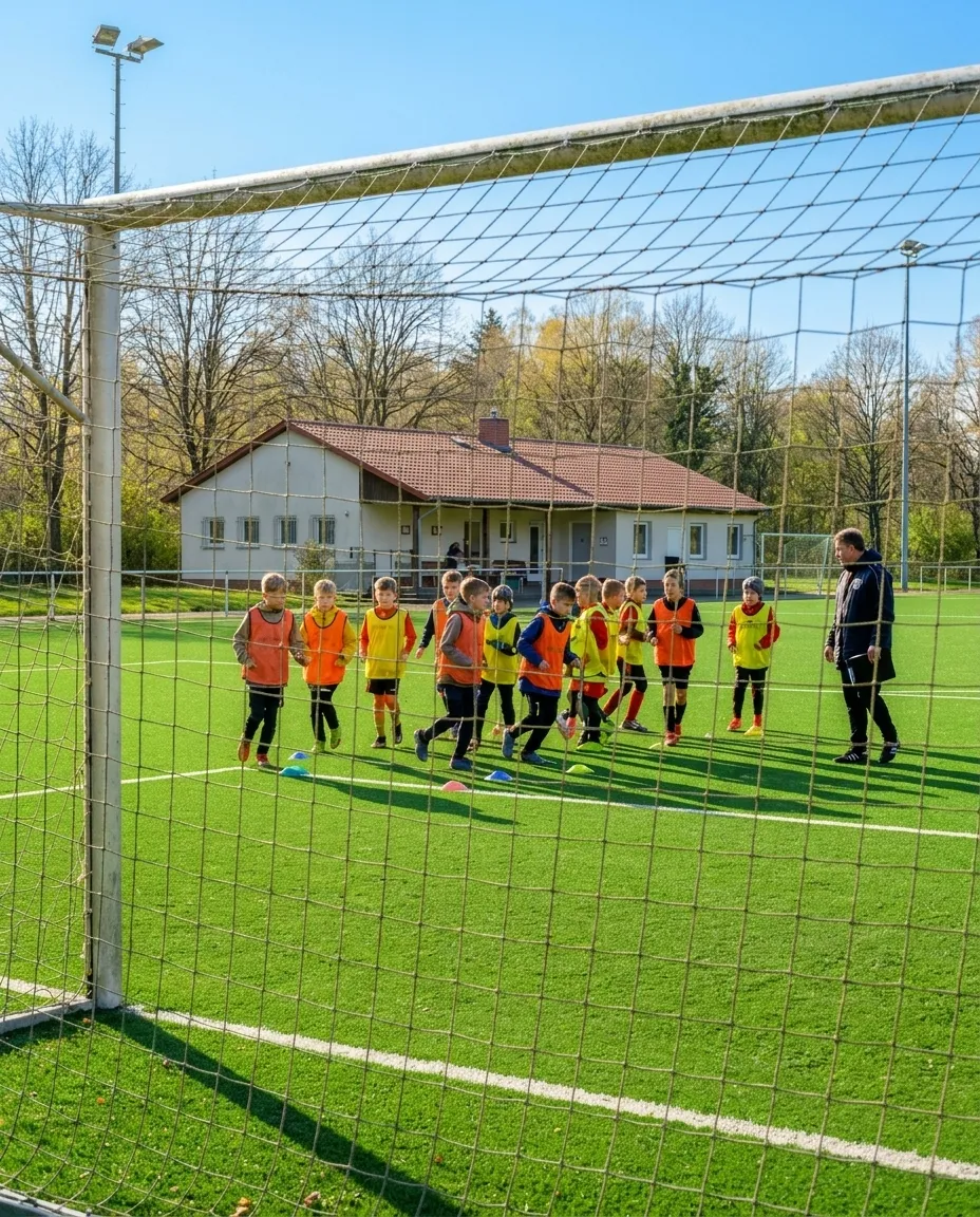 Eine Jugendmannschaft trainiert auf dem Kunstrasen vor dem Vereinsheim.