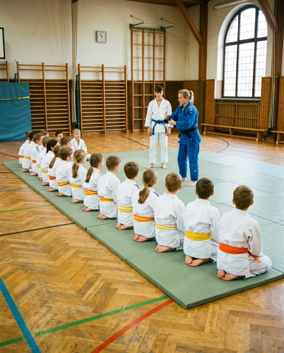Kinder in Judoanzügen knien auf der Matte, die Trainerin zeigt einen Griff.
