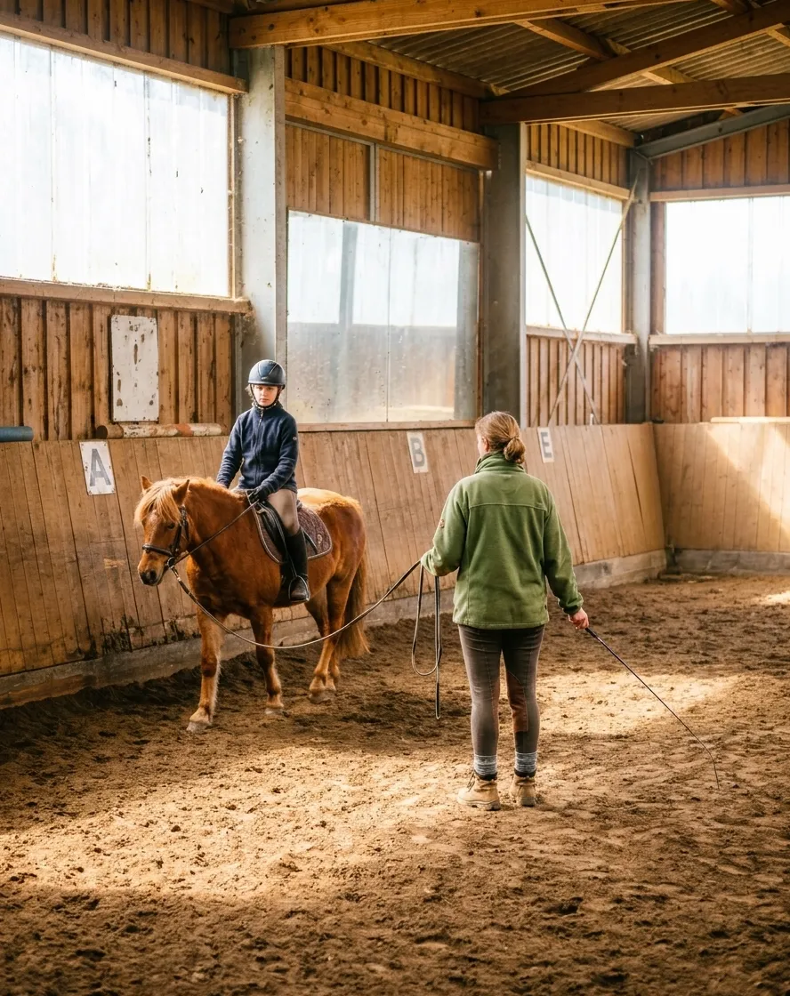 Ein Mädchen reitet ein Pony in der hellen Reithalle, die Reitlehrerin hält die Longe.