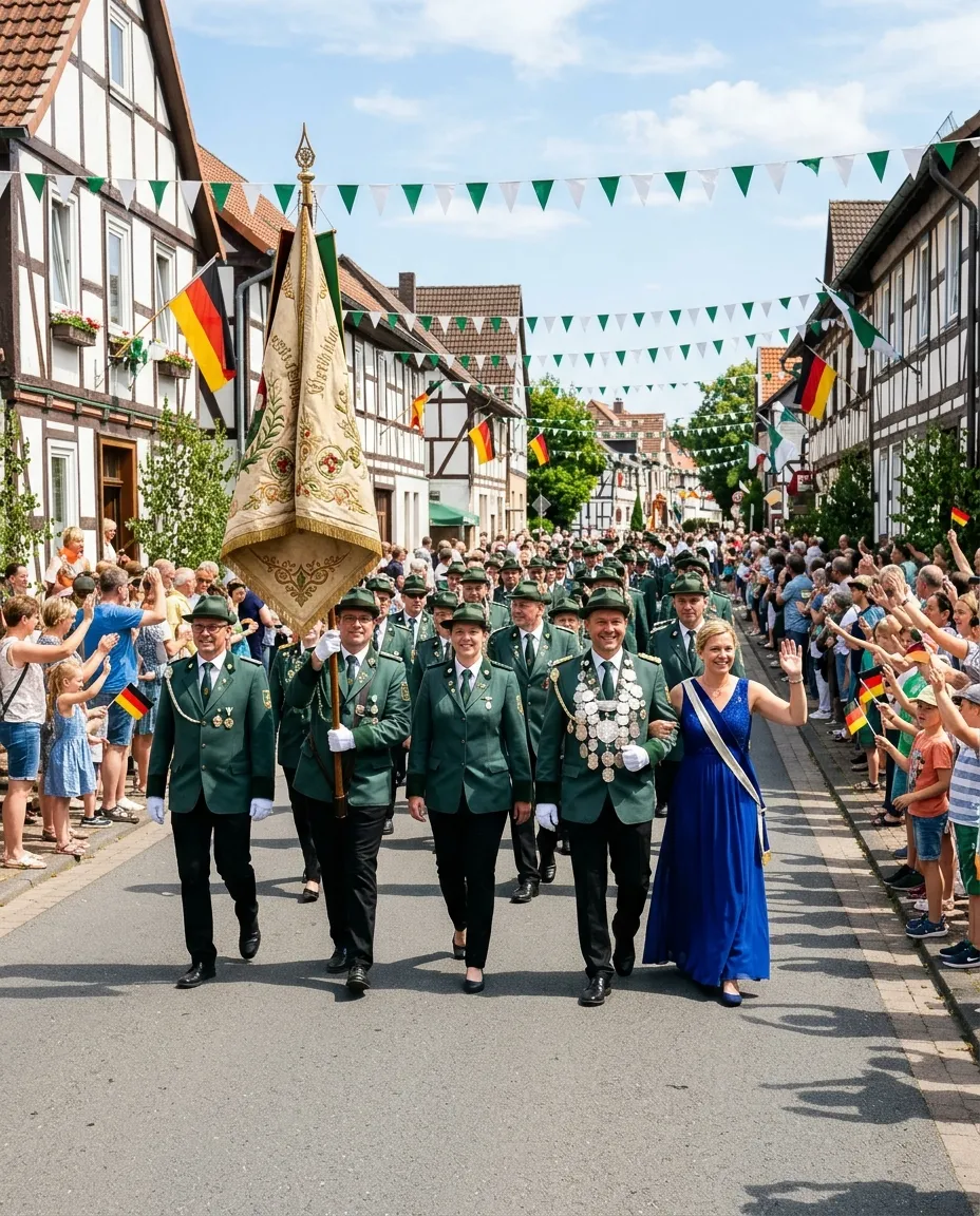 Festumzug beim Schützenfest: Die Kompanie in grüner Uniform marschiert hinter der Vereinsfahne, vorn das Königspaar mit Königskette, am Straßenrand winken Zuschauer.
